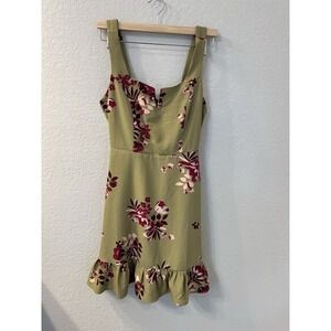 The Commons Women's Floral Print Ruffle Hem Mini Dress Green Size XS